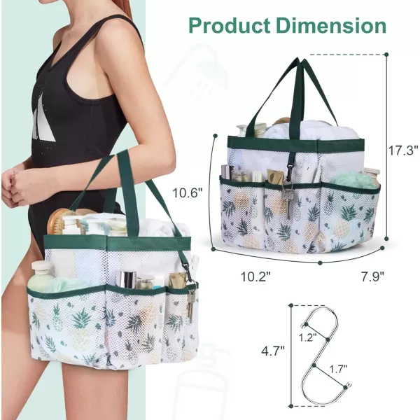Fcolor Mesh Shower Caddy Portable Upgrade Deeper 7 Pockets Basket Bag Tote for College Dorm Room Toiletry Bathroom Essentials Gym Camp Quick Dry 2 handles with S Hook BlackL  Green Pineapple