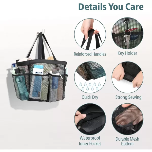 Fcolor Mesh Shower Caddy Portable Upgrade Deeper 7 Pockets Basket Bag Tote for College Dorm Room Toiletry Bathroom Essentials Gym Camp Quick Dry 2 handles with S Hook Black1 Pack XLarge Black