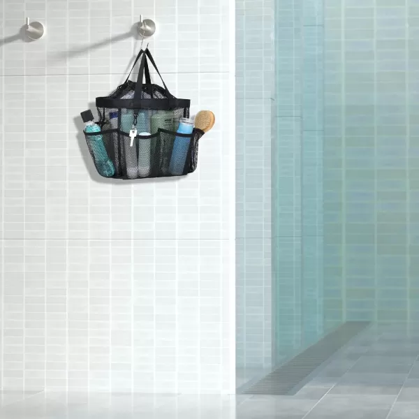 Fcolor Mesh Shower Caddy Portable Upgrade Deeper 7 Pockets Basket Bag Tote for College Dorm Room Toiletry Bathroom Essentials Gym Camp Quick Dry 2 handles with S Hook BlackBlack with Drawstring