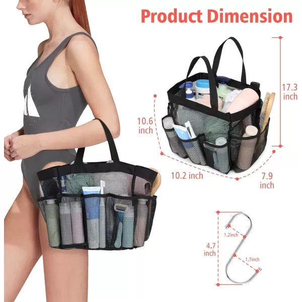 Fcolor Mesh Shower Caddy Portable Upgrade Deeper 7 Pockets Basket Bag Tote for College Dorm Room Toiletry Bathroom Essentials Gym Camp Quick Dry 2 handles with S Hook Black2 Pack Black