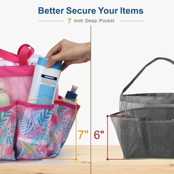 Fcolor Mesh Shower Caddy Portable Upgrade Deeper 7 Pockets Basket Bag Tote for College Dorm Room Toiletry Bathroom Essentials Gym Camp Quick Dry 2 handles with S Hook BlackL  Pink Flamingo