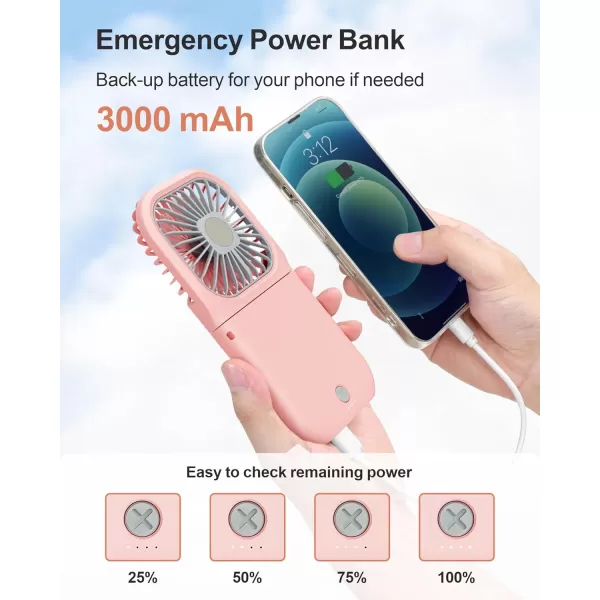 Fcolor Portable Hand Held Fan  Personal Fan with Phone Holder Power Bank Rechargeable Handheld Mini Fan 3 Speed Adjustable Small Mini Fan for Summer Travel Outdoor Beach College Concert EssentialsPink