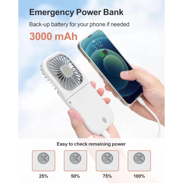 Fcolor Portable Hand Held Fan  Personal Fan with Phone Holder Power Bank Rechargeable Handheld Mini Fan 3 Speed Adjustable Small Mini Fan for Summer Travel Outdoor Beach College Concert EssentialsWhite