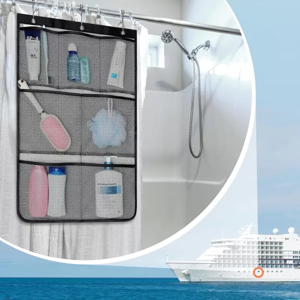 Fcolor Shower Organizer for Cruise Ship Essentials  with 3 Adhesive Hooks and 3 Metal Loop Hangers Quick Dry Mesh Shower Caddy Hanging 7 Pockets Bathroom Bag Tote for Shampoo Soap WhiteWhite  Black  2 Pack