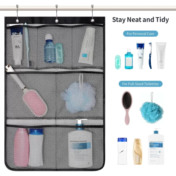 Fcolor Shower Organizer for Cruise Ship Essentials  with 3 Adhesive Hooks and 3 Metal Loop Hangers Quick Dry Mesh Shower Caddy Hanging 7 Pockets Bathroom Bag Tote for Shampoo Soap WhiteBlack