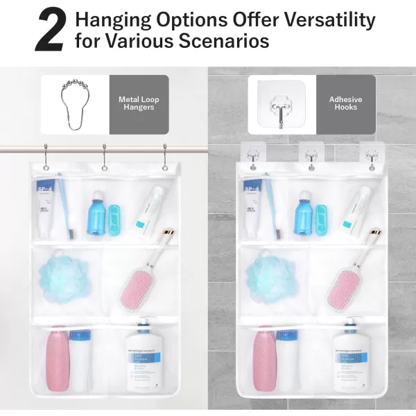 Fcolor Shower Organizer for Cruise Ship Essentials  with 3 Adhesive Hooks and 3 Metal Loop Hangers Quick Dry Mesh Shower Caddy Hanging 7 Pockets Bathroom Bag Tote for Shampoo Soap WhiteWhite  Black  2 Pack