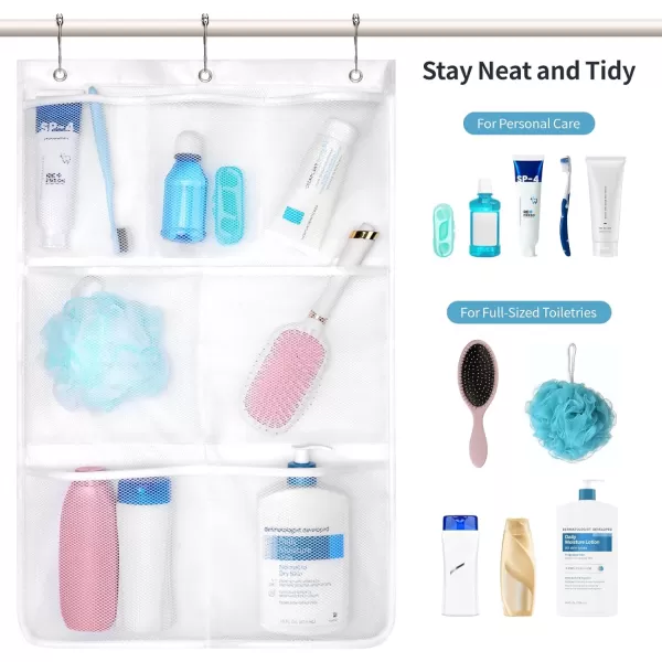 Fcolor Shower Organizer for Cruise Ship Essentials  with 3 Adhesive Hooks and 3 Metal Loop Hangers Quick Dry Mesh Shower Caddy Hanging 7 Pockets Bathroom Bag Tote for Shampoo Soap WhiteWhite  Black  2 Pack