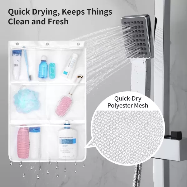 Fcolor Shower Organizer for Cruise Ship Essentials  with 3 Adhesive Hooks and 3 Metal Loop Hangers Quick Dry Mesh Shower Caddy Hanging 7 Pockets Bathroom Bag Tote for Shampoo Soap WhiteBeautiful White