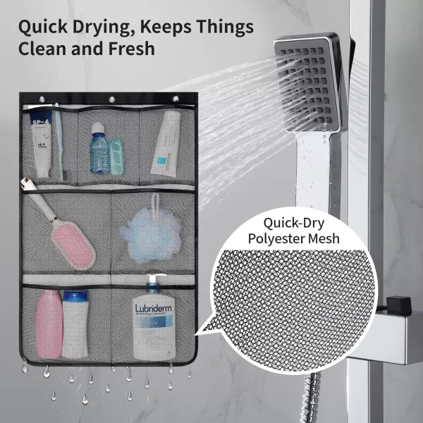 Fcolor Shower Organizer for Cruise Ship Essentials  with 3 Adhesive Hooks and 3 Metal Loop Hangers Quick Dry Mesh Shower Caddy Hanging 7 Pockets Bathroom Bag Tote for Shampoo Soap WhiteBlack