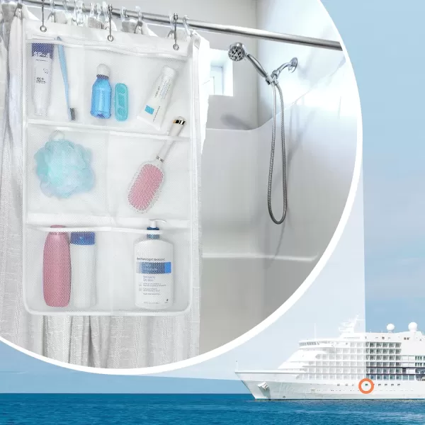Fcolor Shower Organizer for Cruise Ship Essentials  with 3 Adhesive Hooks and 3 Metal Loop Hangers Quick Dry Mesh Shower Caddy Hanging 7 Pockets Bathroom Bag Tote for Shampoo Soap WhiteBeautiful White