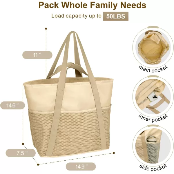 Fcolor Waterproof Beach Bags for Women  Machine Washable Travel Tote Bag with Zipper Packable for Beach Cruise SwimBeige