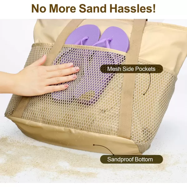Fcolor Waterproof Beach Bags for Women  Machine Washable Travel Tote Bag with Zipper Packable for Beach Cruise SwimBeige