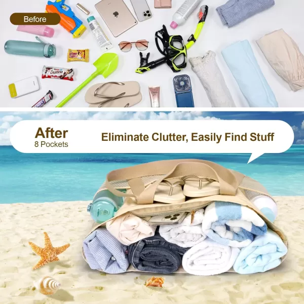Fcolor Waterproof Beach Bags for Women  Machine Washable Travel Tote Bag with Zipper Packable for Beach Cruise SwimBeige