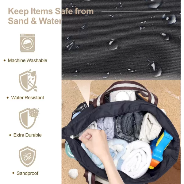 Fcolor Waterproof Beach Bags for Women  Machine Washable Travel Tote Bag with Zipper Packable for Beach Cruise SwimBlack