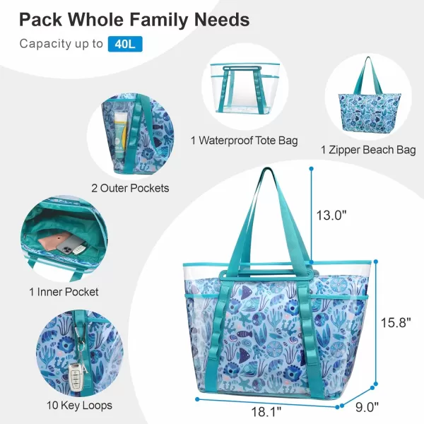 Fcolor Waterproof Beach Bags for Women  Machine Washable Travel Tote Bag with Zipper Packable for Beach Cruise SwimBlue
