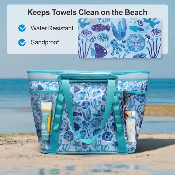 Fcolor Waterproof Beach Bags for Women  Machine Washable Travel Tote Bag with Zipper Packable for Beach Cruise SwimBlue
