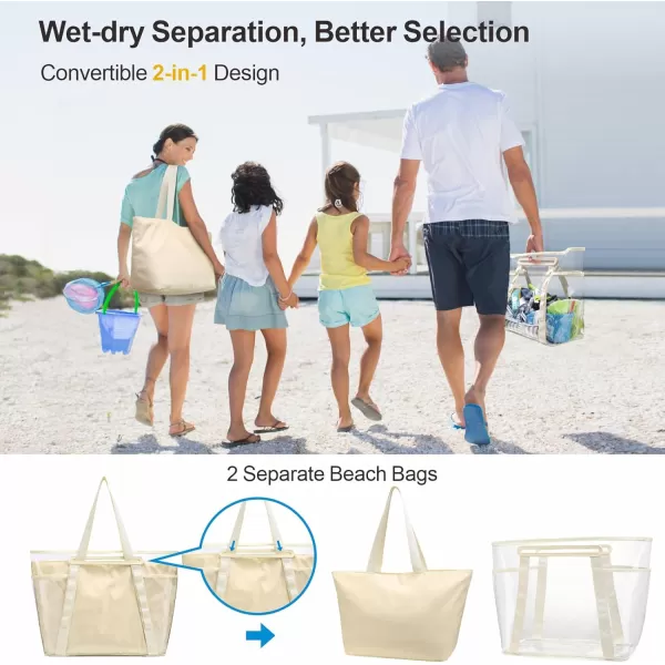 Fcolor Waterproof Beach Bags for Women  Machine Washable Travel Tote Bag with Zipper Packable for Beach Cruise SwimIvory  Xl