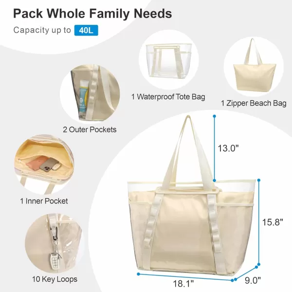 Fcolor Waterproof Beach Bags for Women  Machine Washable Travel Tote Bag with Zipper Packable for Beach Cruise SwimIvory  Xl