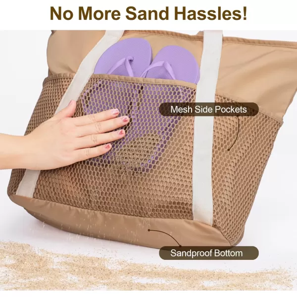 Fcolor Waterproof Beach Bags for Women  Machine Washable Travel Tote Bag with Zipper Packable for Beach Cruise SwimKhaki