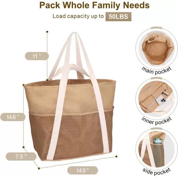Fcolor Waterproof Beach Bags for Women  Machine Washable Travel Tote Bag with Zipper Packable for Beach Cruise SwimKhaki
