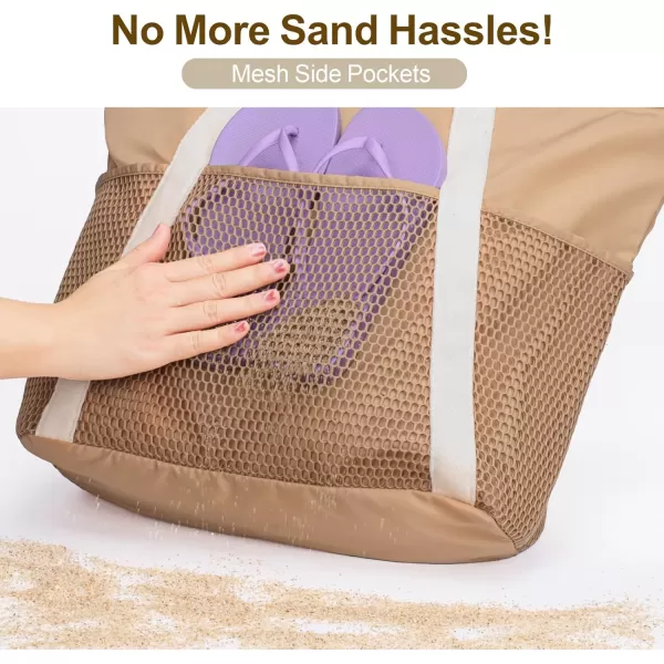 Fcolor Waterproof Beach Bags for Women  Machine Washable Travel Tote Bag with Zipper Packable for Beach Cruise SwimKhaki  Large