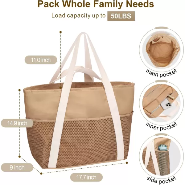 Fcolor Waterproof Beach Bags for Women  Machine Washable Travel Tote Bag with Zipper Packable for Beach Cruise SwimKhaki  Large