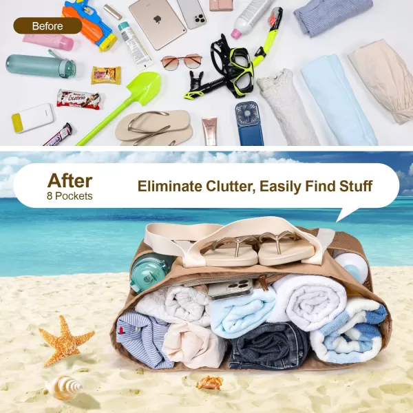 Fcolor Waterproof Beach Bags for Women  Machine Washable Travel Tote Bag with Zipper Packable for Beach Cruise SwimKhaki  Large