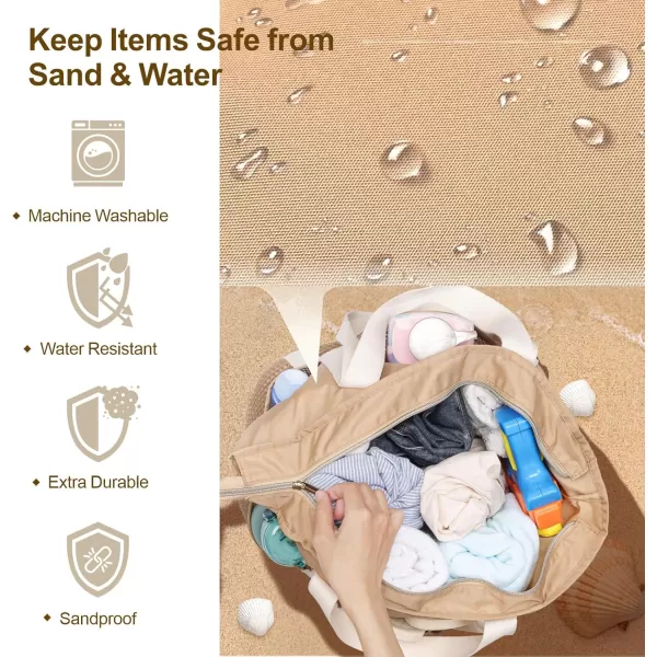 Fcolor Waterproof Beach Bags for Women  Machine Washable Travel Tote Bag with Zipper Packable for Beach Cruise SwimKhaki  Large