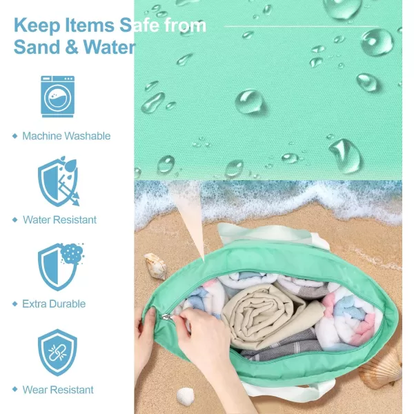 Fcolor Waterproof Beach Bags for Women  Machine Washable Travel Tote Bag with Zipper Packable for Beach Cruise SwimMint Green