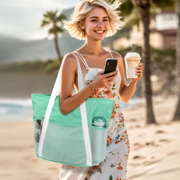 Fcolor Waterproof Beach Bags for Women  Machine Washable Travel Tote Bag with Zipper Packable for Beach Cruise SwimMint Green
