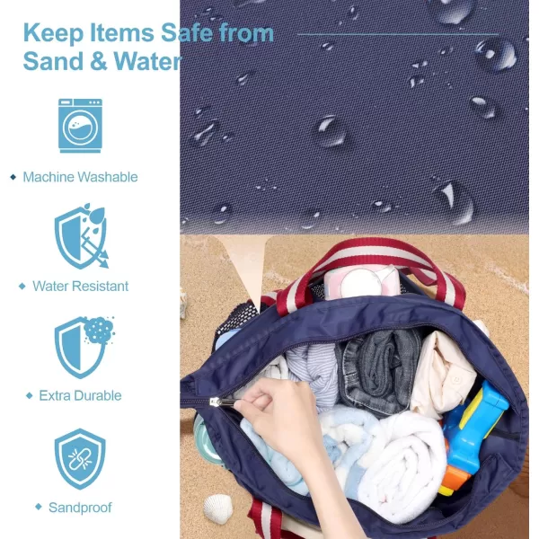 Fcolor Waterproof Beach Bags for Women  Machine Washable Travel Tote Bag with Zipper Packable for Beach Cruise SwimNavy Blue