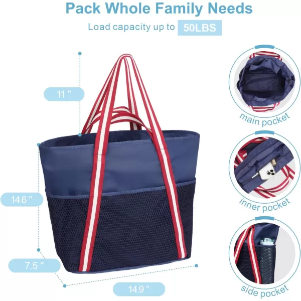 Fcolor Waterproof Beach Bags for Women  Machine Washable Travel Tote Bag with Zipper Packable for Beach Cruise SwimNavy Blue