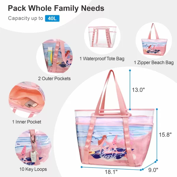 Fcolor Waterproof Beach Bags for Women  Machine Washable Travel Tote Bag with Zipper Packable for Beach Cruise SwimPink