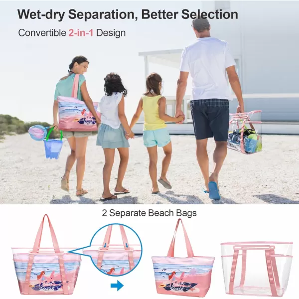 Fcolor Waterproof Beach Bags for Women  Machine Washable Travel Tote Bag with Zipper Packable for Beach Cruise SwimPink