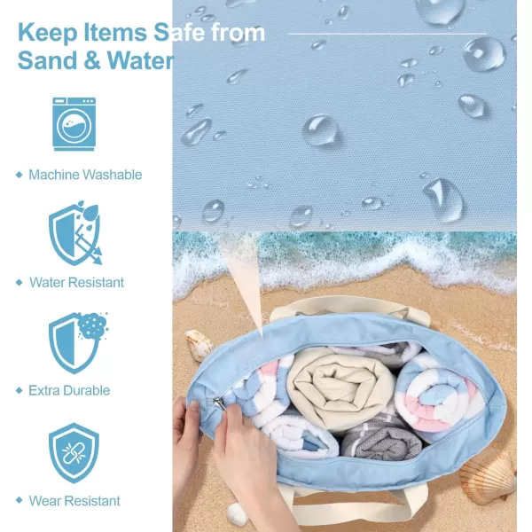 Fcolor Waterproof Beach Bags for Women  Machine Washable Travel Tote Bag with Zipper Packable for Beach Cruise SwimSky Blue