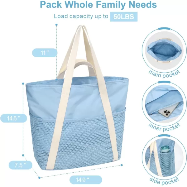 Fcolor Waterproof Beach Bags for Women  Machine Washable Travel Tote Bag with Zipper Packable for Beach Cruise SwimSky Blue