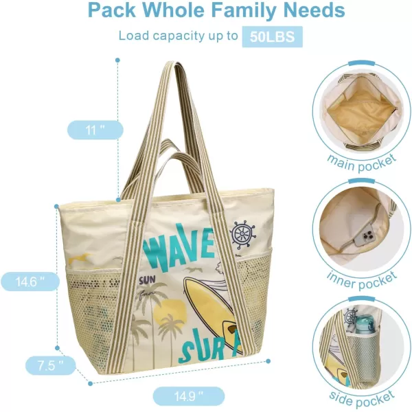 Fcolor Waterproof Beach Bags for Women  Machine Washable Travel Tote Bag with Zipper Packable for Beach Cruise SwimWave