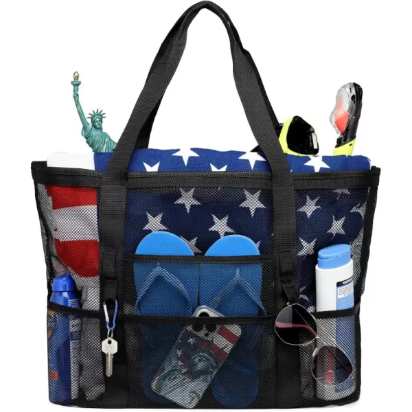 Fcolor Mesh Beach Bag Family  Beach Tote 9 Pockets Beach Towel BagBlack