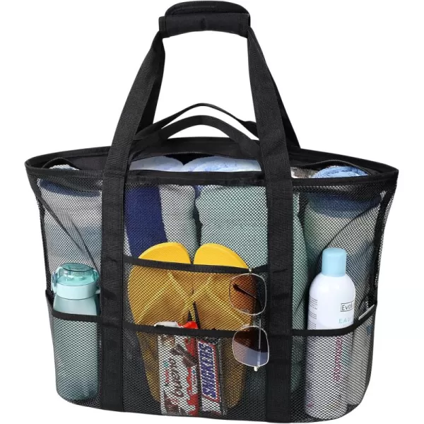 Fcolor Mesh Beach Bag Family  Beach Tote 9 Pockets Beach Towel BagBlack Handle