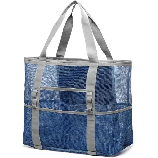 Fcolor Mesh Beach Bag Family  Beach Tote 9 Pockets Beach Towel BagBlue
