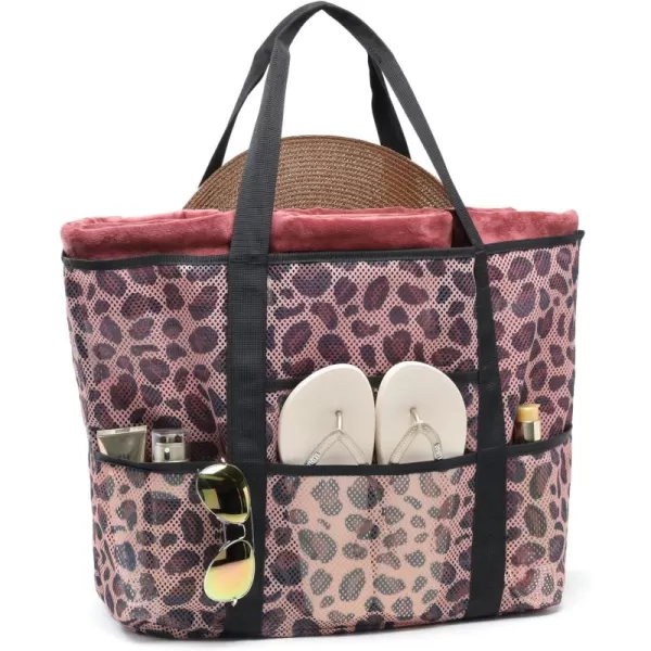 Fcolor Mesh Beach Bag Family  Beach Tote 9 Pockets Beach Towel BagBrown Leopard