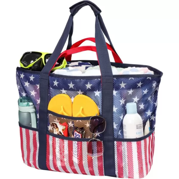 Fcolor Mesh Beach Bag Family  Beach Tote 9 Pockets Beach Towel BagFlag