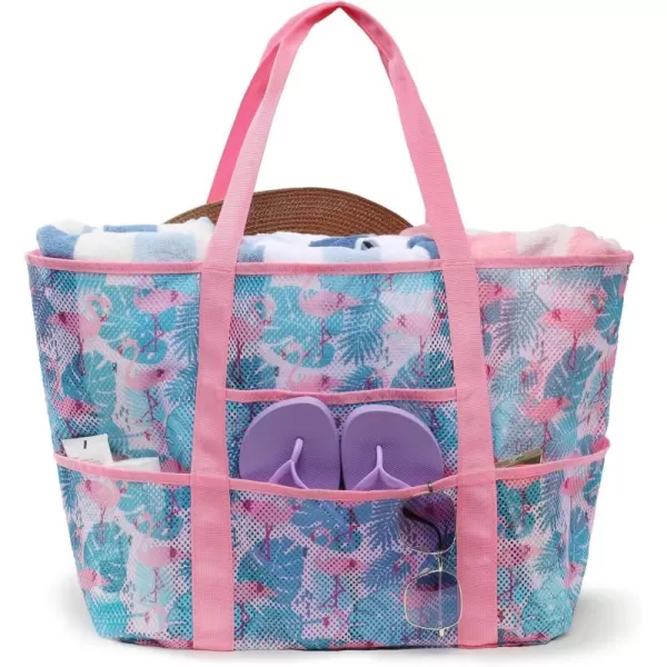 Fcolor Mesh Beach Bag Family  Beach Tote 9 Pockets Beach Towel BagFlamingo
