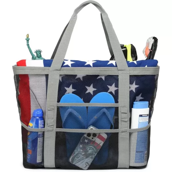 Fcolor Mesh Beach Bag Family  Beach Tote 9 Pockets Beach Towel BagGrey