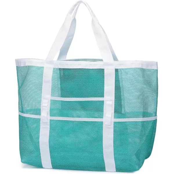 Fcolor Mesh Beach Bag Family  Beach Tote 9 Pockets Beach Towel BagMint Green
