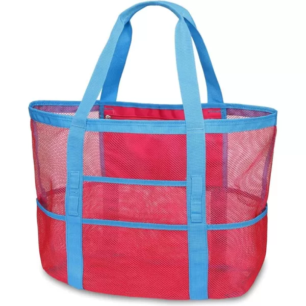 Fcolor Mesh Beach Bag Family  Beach Tote 9 Pockets Beach Towel BagPink