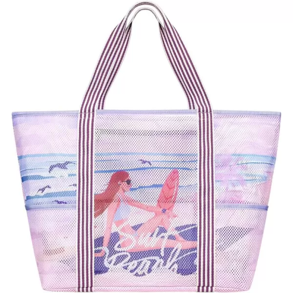 Fcolor Mesh Beach Bag Family  Beach Tote 9 Pockets Beach Towel BagPink Surfing Lady