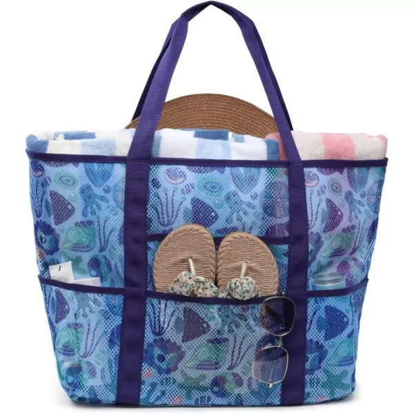 Fcolor Mesh Beach Bag Family  Beach Tote 9 Pockets Beach Towel BagSeashell