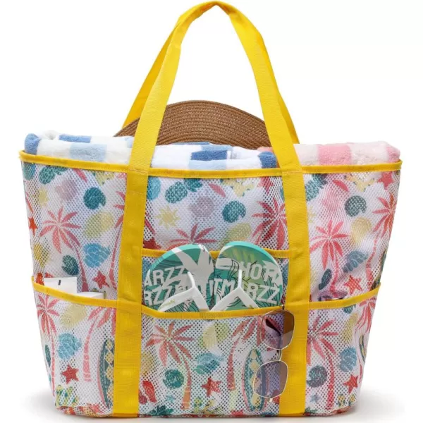 Fcolor Mesh Beach Bag Family  Beach Tote 9 Pockets Beach Towel BagYellow Beach