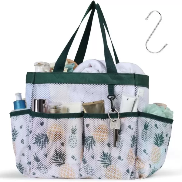 Fcolor Mesh Shower Caddy Portable Upgrade Deeper 7 Pockets Basket Bag Tote for College Dorm Room Toiletry Bathroom Essentials Gym Camp Quick Dry 2 handles with S Hook BlackL  Green Pineapple